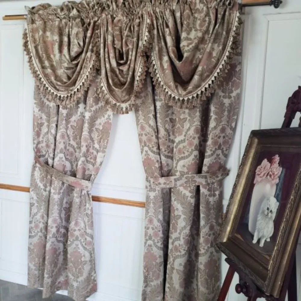 JC Penney Drapes Waterfall Valances 100Wx85L Tan Floral Jacquard Lined Vtg 7pcs
